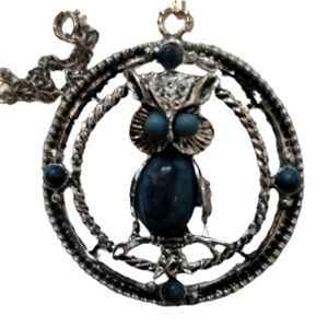 Owl necklace pendant and chain owl in circle silver turquoise